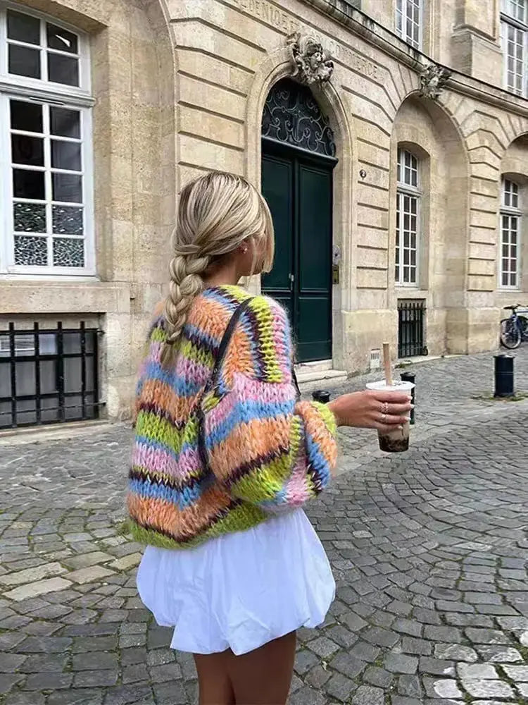 Custom chunky knit oversized striped Cardigan sweater women lady loose knitwear cropped long lantern sleeve cardigan for women