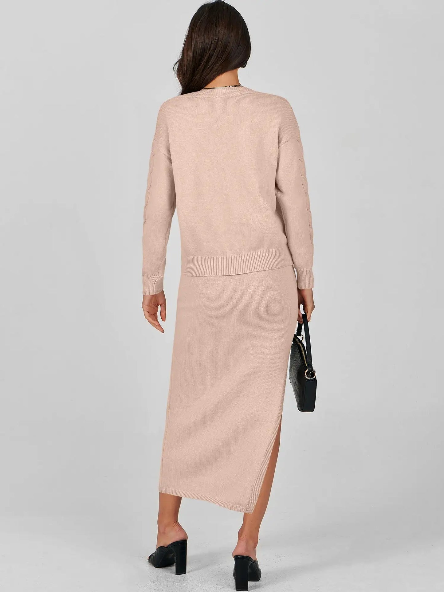 Custom Women's 2 Piece Sweater Winter V neck Oversized cable Long Sleeve Knit Tops and Slit Dress