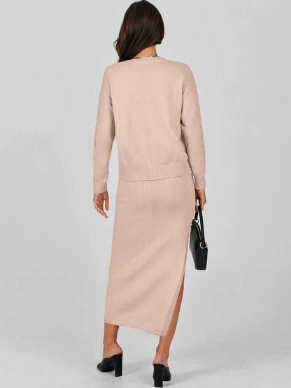 Custom Women's 2 Piece Sweater Winter V neck Oversized cable Long Sleeve Knit Tops and Slit Dress