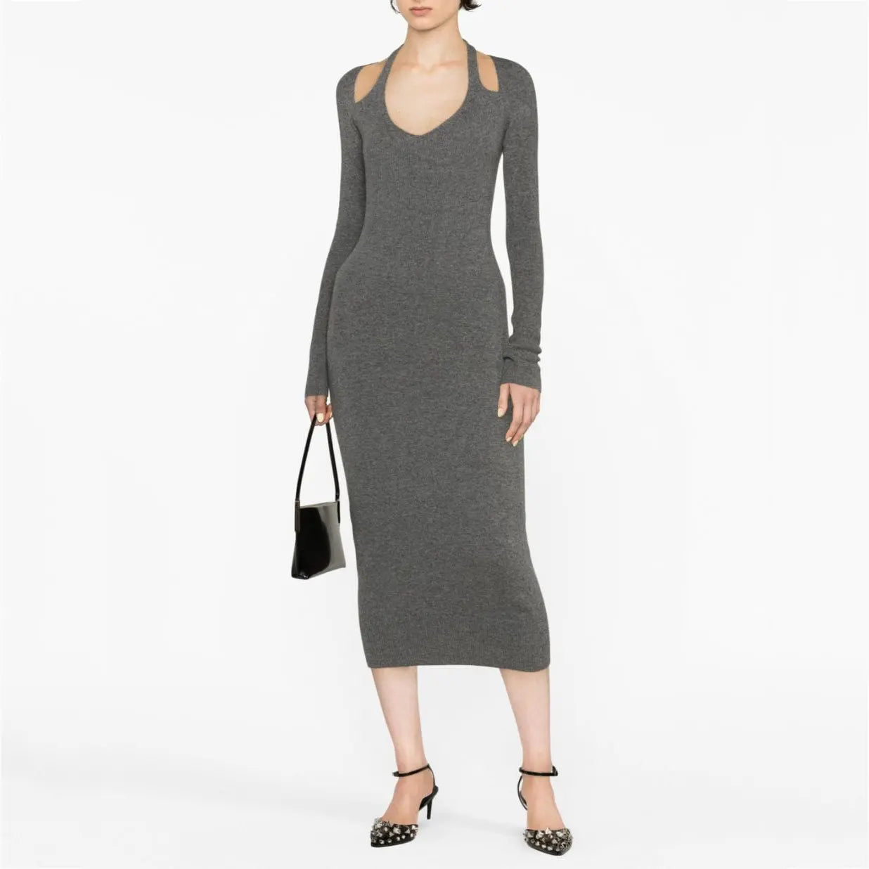Knitwear manufacturer custom dark grey Rib Knit Dress midi Knit cut-out Dress long sweater dress women clothing