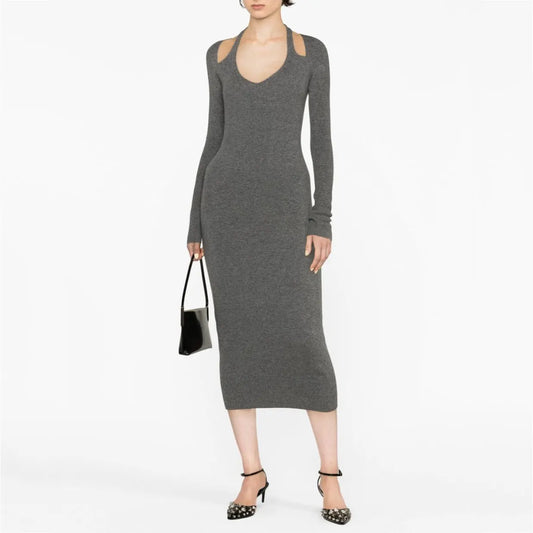 Knitwear manufacturer custom dark grey Rib Knit Dress midi Knit cut-out Dress long sweater dress women clothing