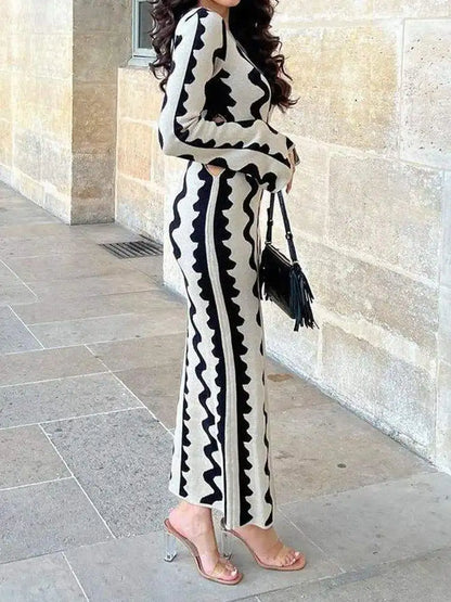 Autumn Party Flared Long Sleeve Sexy Hollow Out Jacquard Knit Maxi Dress for Women