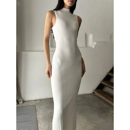 Knitwear manufacturer Custom sleeveless turtleneck sweater knit dress ladies Rib knit Slim Elegant Women Maxi Dress