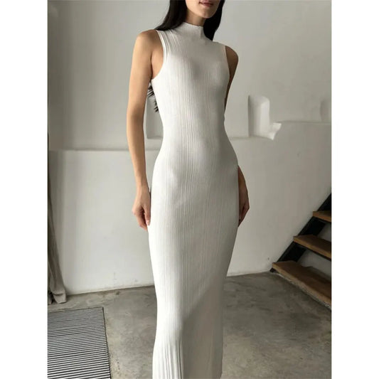 Knitwear manufacturer Custom sleeveless turtleneck sweater knit dress ladies Rib knit Slim Elegant Women Maxi Dress