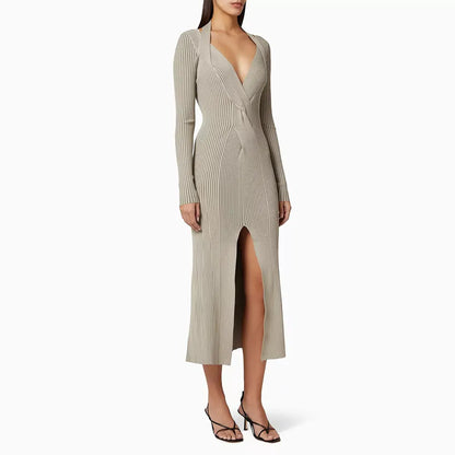 Custom Unique Formal Sexy Knitting Slim Cable Ribbed Deep V Neck Halter Split Women Knit Sweater Dress