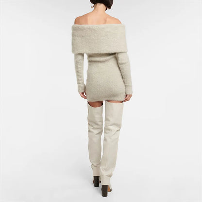 Custom knit mohair sweater dress ladies off shoulder midi knitted casual long sleeve dress women sweater dress
