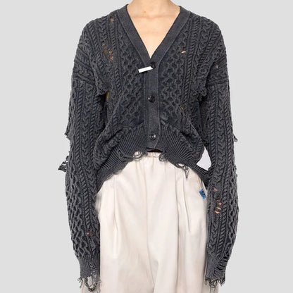 Custom Distressed Cardigan Sweater Unisex Oversized Winter Knitwear Clothes V Neck Button Crop Cable Knit Cardigan Women