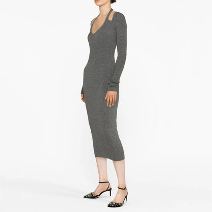 Knitwear manufacturer custom dark grey Rib Knit Dress midi Knit cut-out Dress long sweater dress women clothing