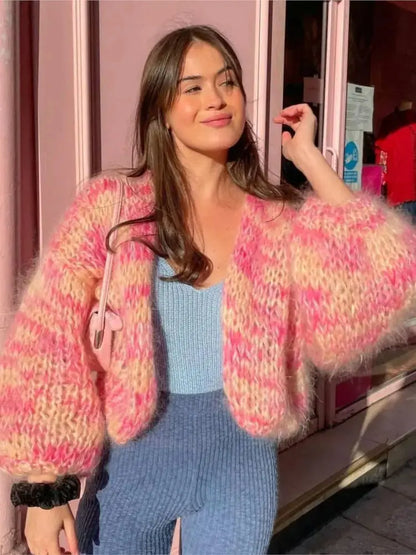 Autumn Fashion Casual Streetwear Pink Striped Long Lantern Sleeves Loose Mohair Crochet Short knit Cardigan Women's Sweater
