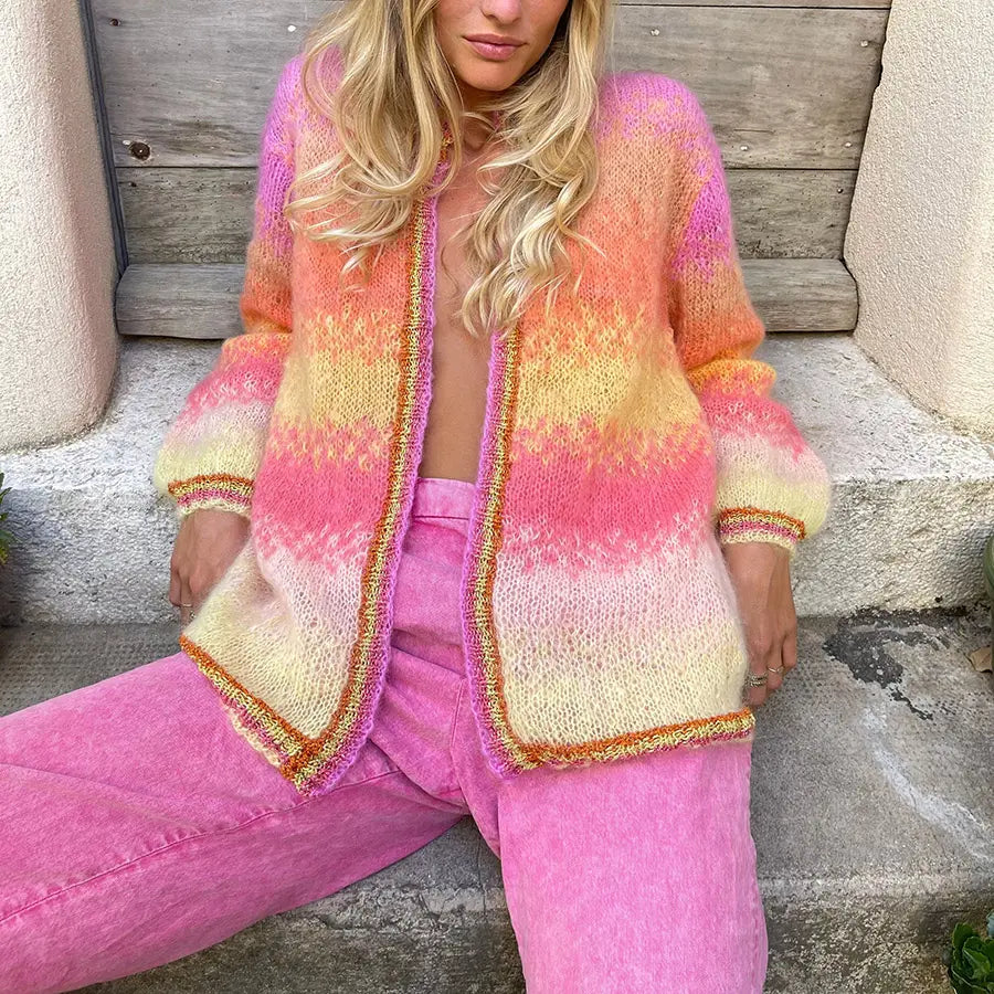Color Gradient Color Blocking Contrast Color Acrylic Mohair Wool Ladies Cardigan Sweater Long Sleeve Knit Sweater