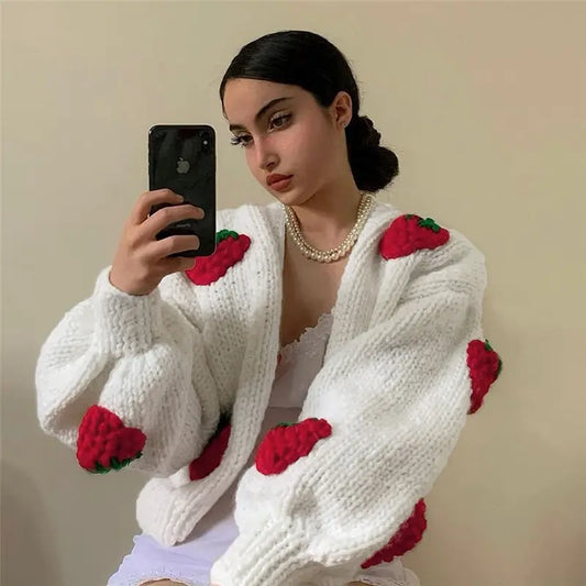 Women 2024 New Strawberry Accessory V-neck Knitted Cardigan Sweater Loose Lantern Sleeve Jacket Short Sweater