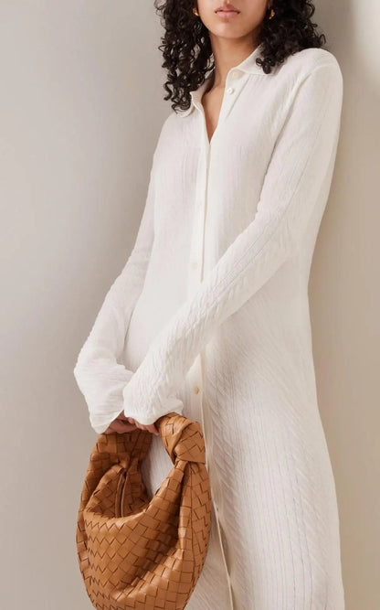 Custom knit dress manufacturer fall winter white turn-down collar long sleeved button maxi knit women's sweater dress