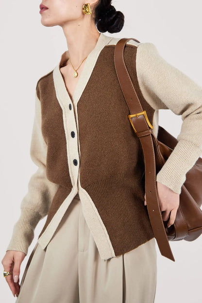 Wholesale Custom Saddle Brown Stretchy V-neck Button-Up Banded Hem Ribbed Knit Cardigan