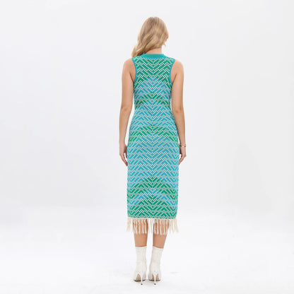 Custom Logo luxury tassel long maxi sweater dress sleeveless fringe knitted sweater women's clothing elegant dress