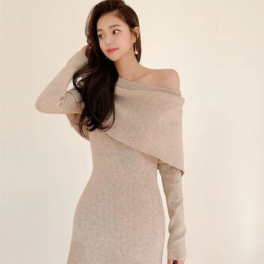 High Quality New Elegant Sexy Solid Color Off Collar Slim Fit Ruffled Knitted Bottoming Sweater Dress for Women