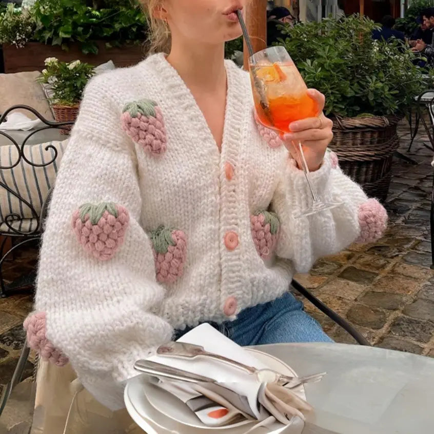 Women 2024 New Strawberry Accessory V-neck Knitted Cardigan Sweater Loose Lantern Sleeve Jacket Short Sweater