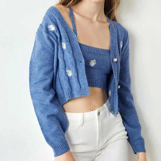 Custom logo oversized knitted embroidery floral cardigan Blue Daisy Button-Up Long Sleeve crop knit Women Cardigan