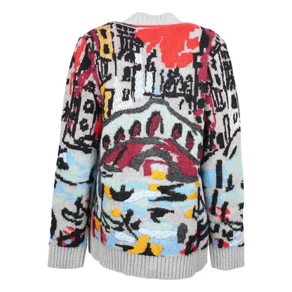Custom Logo Women Embroidered Pattern Cardigan Mohair Wool Designer Knitted Jacquard Oversized Cardigan Sweater Coat