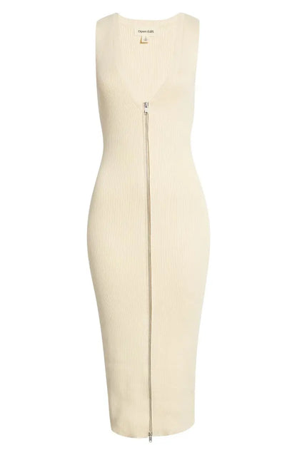 Cotton Dress Women Custom Design Sleeveless Knitted Dresses Zip-Up Sweater Midi Dress