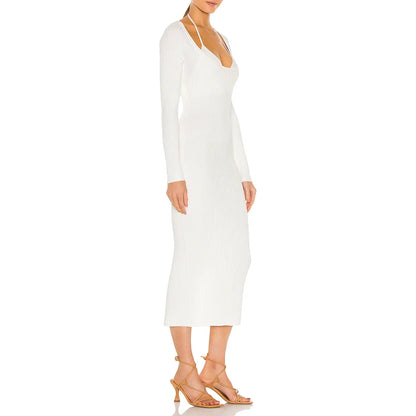 Factory Custom Summer white round neck elegant knitted dress slim women rib sweater casual dress