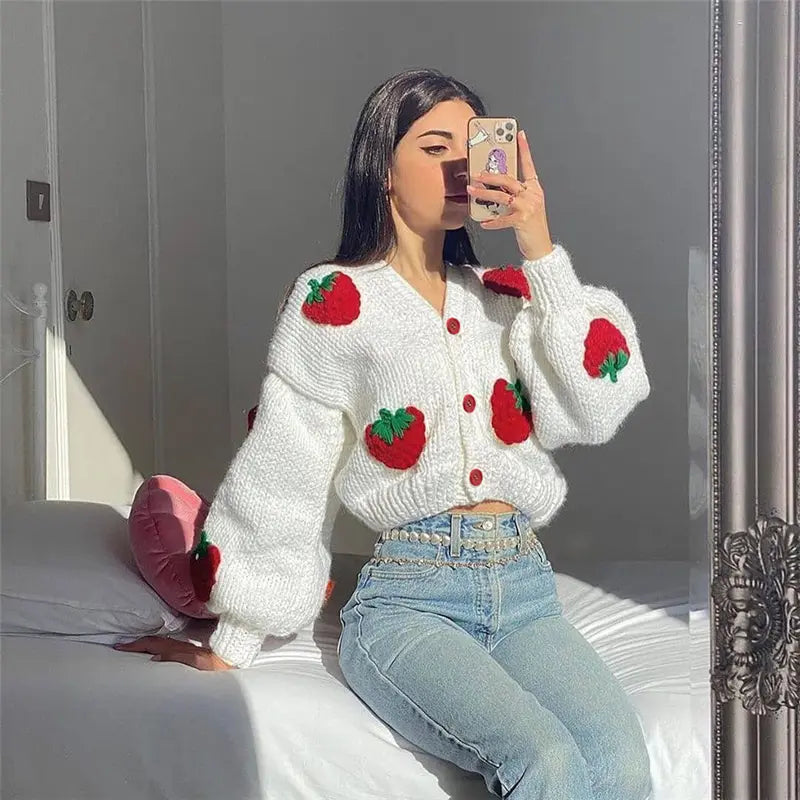 Women 2024 New Strawberry Accessory V-neck Knitted Cardigan Sweater Loose Lantern Sleeve Jacket Short Sweater
