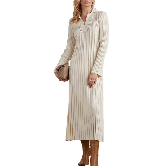 Custom knit sweater dress women polo v neck long sleeve jumper maxi winter women Ribbed knitted sweater dresses plus size
