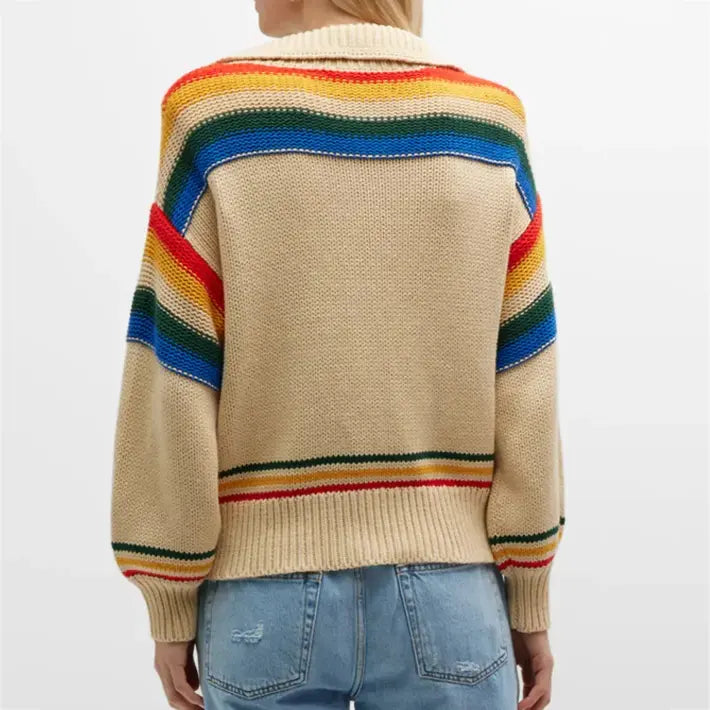 Winter Clothes Custom classic lapel contrast color striped zipper open chest knitted women's cardigans long sleeve girls sweater