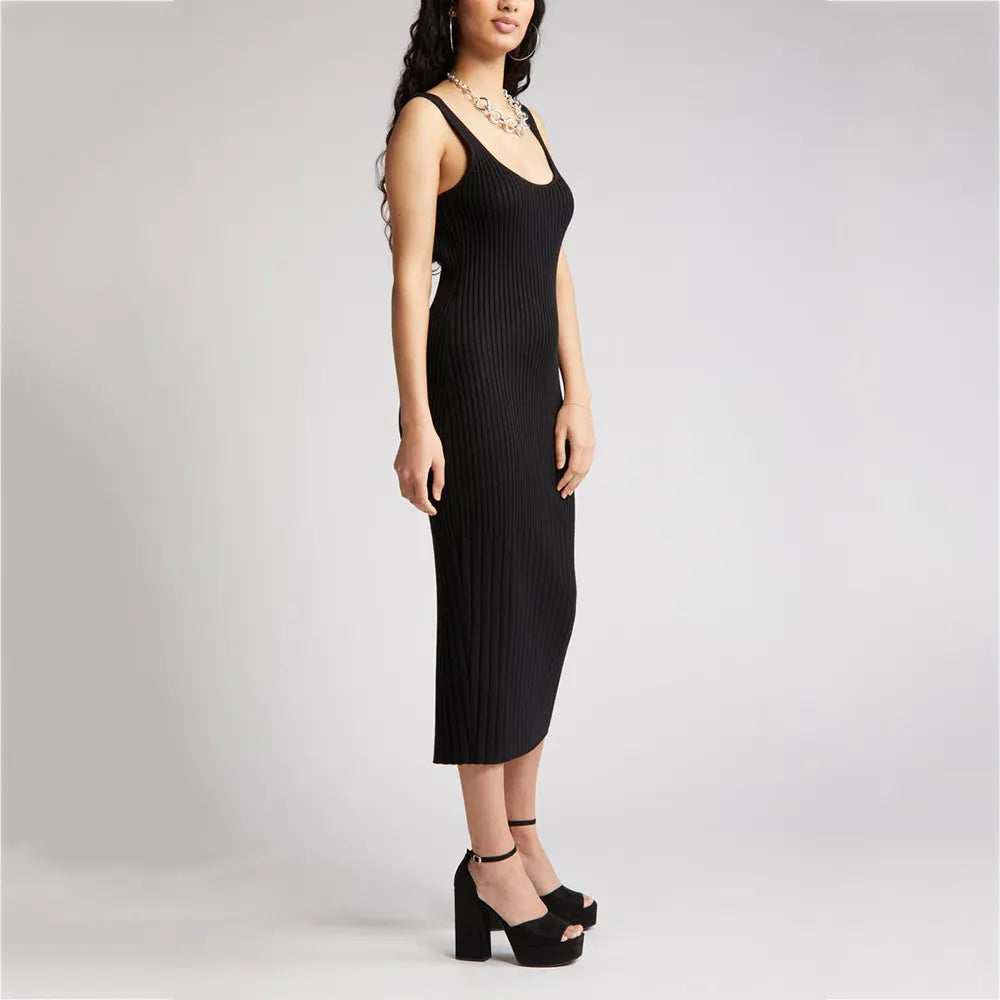 Custom knit dress ladies knitwear solid ribbed knit maxi bodycon long dress sleeveless casual women knit sweater dress