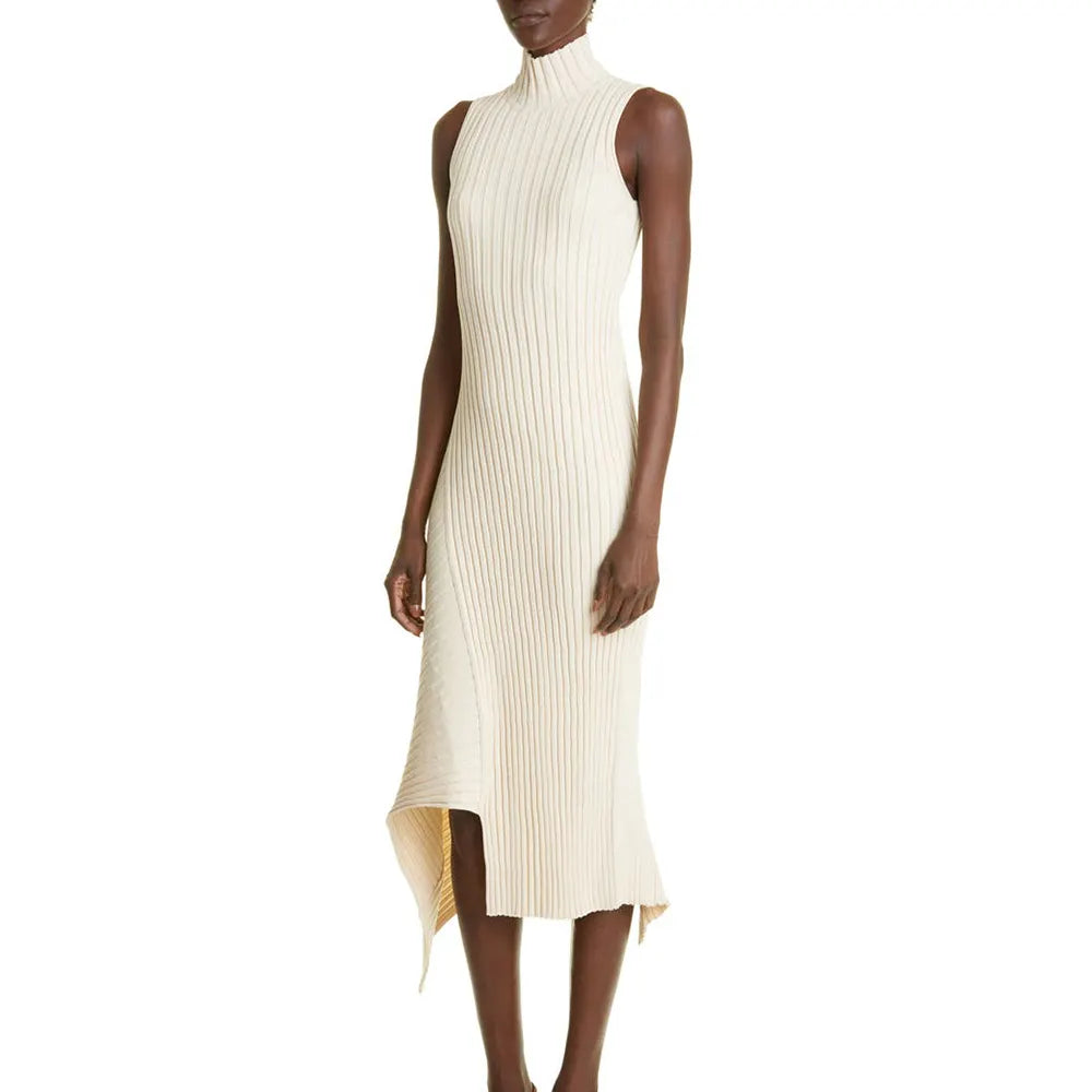 Custom Asymmetric Knit Cotton Dress for Women – Sleeveless Maxi Long Ribbed Knitted Luxury Sweater Dress