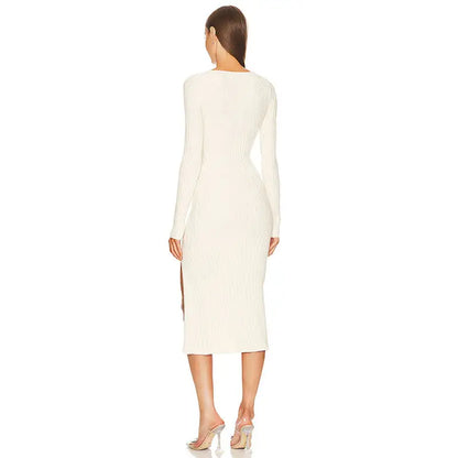 Custom Women's v-neck Long Sleeve Sweater Dresses Sexy Rib Knit Bottoming Autumn Winter Top Tight Slit Skirt Dress For Women