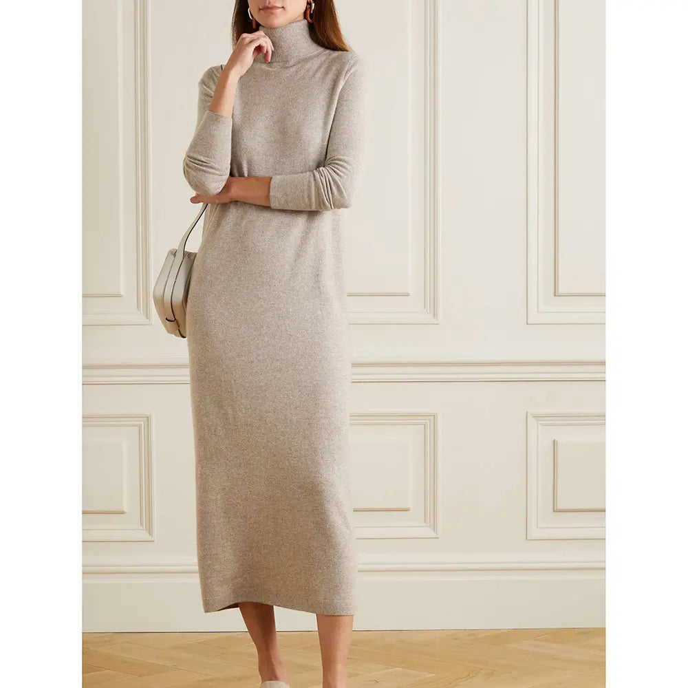 Custom plain knit turtleneck cashmere long dress knitted long sleeve winter women Merino wool maxi sweater dress for women