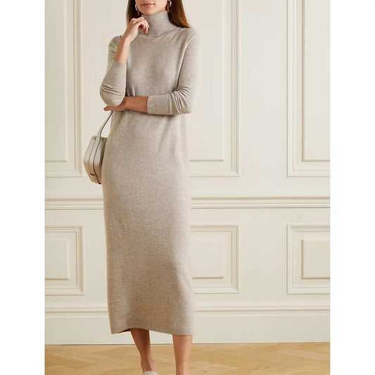 Custom plain knit turtleneck cashmere long dress knitted long sleeve winter women Merino wool maxi sweater dress for women