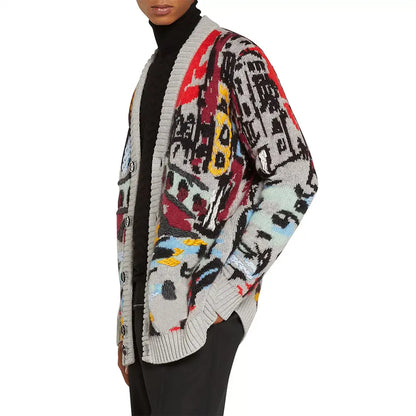 Custom Logo Women Embroidered Pattern Cardigan Mohair Wool Designer Knitted Jacquard Oversized Cardigan Sweater Coat
