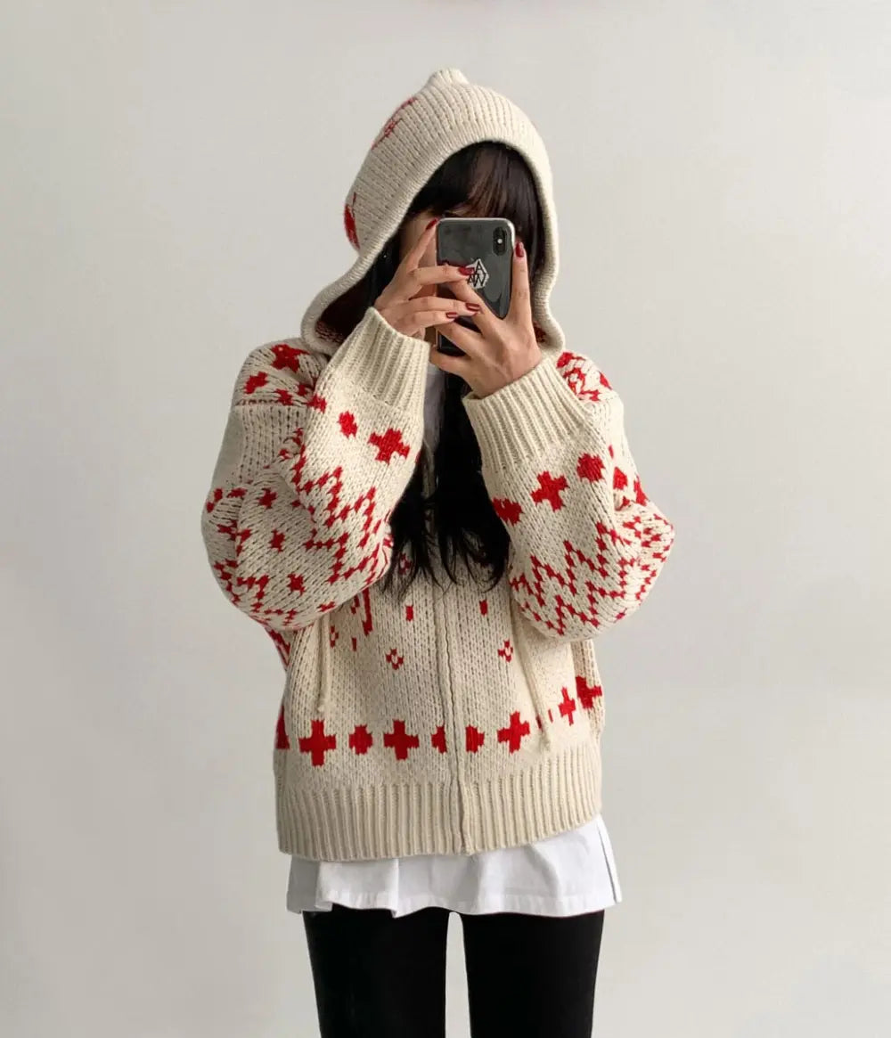 Custom LOGO Christmas pattern Zipper Hoodie Cardigan Women's Knitted Sweater Winter Thick Warm sweater for women