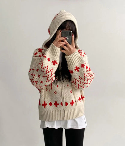 Custom LOGO Christmas pattern Zipper Hoodie Cardigan Women's Knitted Sweater Winter Thick Warm sweater for women