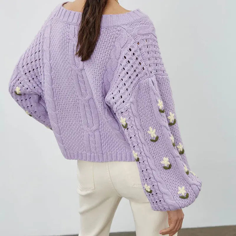 Chic Flower Knitted Cardigan – Women’s V-neck Long Sleeve Loose Sweater Coat, Korean Fashion Top