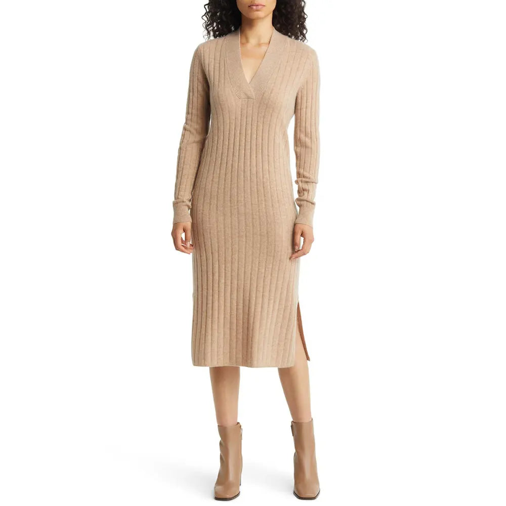 knitwear manufacturer Custom knit cashmere sweater dress ladies Rib knitted long sleeve wool women's clothing elegant dress long