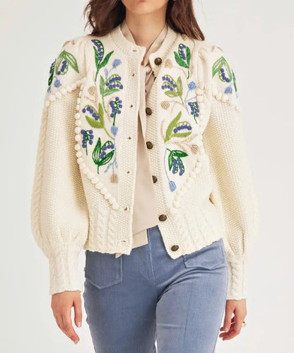 Custom Knit Sweater - Winter Loose Tricot Jacquard Cardigan with Hand Embroidery for Women, Vintage Knitwear