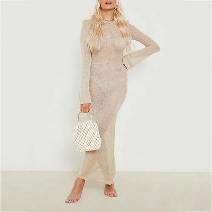 Custom knit sweater dress girls crew neck long sleeve sheer mesh maxi sexy club evening dress women knitted sweater dress
