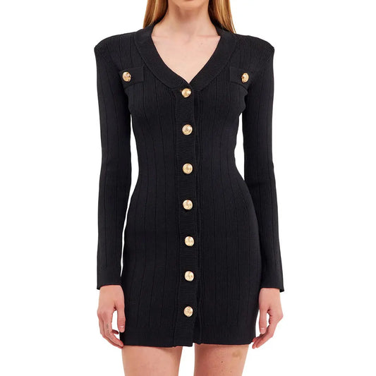 Knit dress women custom design elegant V neck midi knitted sexy bodycon dresses black luxury women's sweater dress