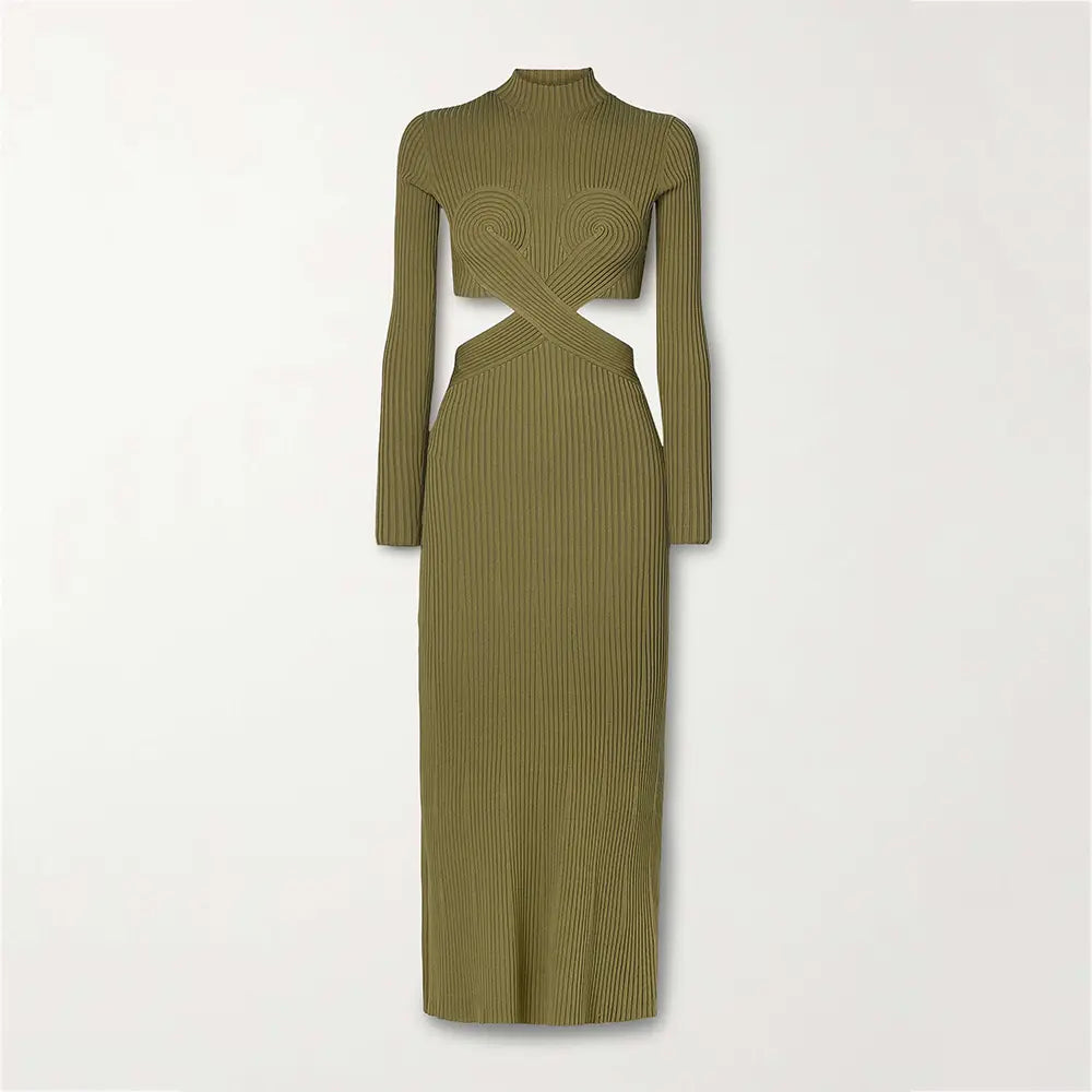 Custom knitwear mufacturers women knitted dresses cutout long sleeve ribbed knit midi sweater dress clothing