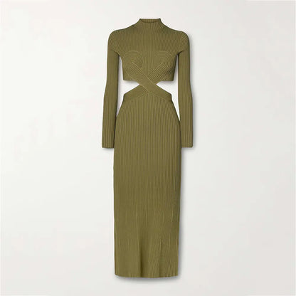 Custom knitwear mufacturers women knitted dresses cutout long sleeve ribbed knit midi sweater dress clothing