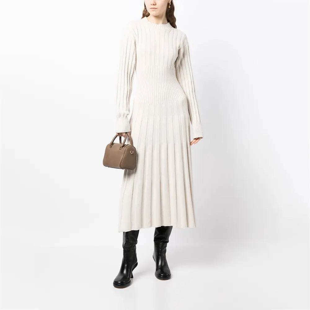 Knitwear Manufacturer Custom Knit Sweater dresses women lady elegant Long Sleeve Maxi White Ribbed Knit Sweater Dress Women
