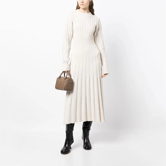 Knitwear Manufacturer Custom Knit Sweater dresses women lady elegant Long Sleeve Maxi White Ribbed Knit Sweater Dress Women