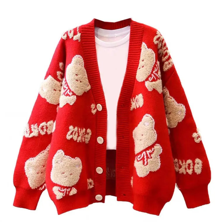 Custom Knit Sweater - Retro Cartoon Jacquard Knitwear, Women's Long Sleeve Cardigan for Winter
