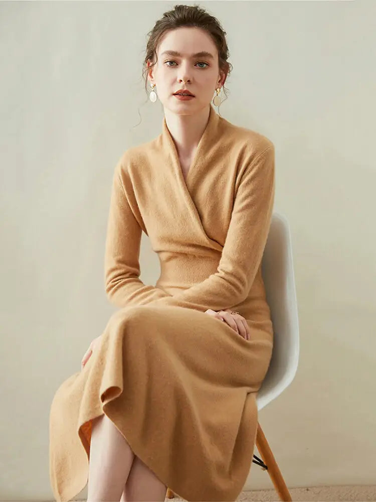 Wholesale Winter Long Sleeve Knit Dress French Style Custom Fall Elegant Casual Long Autumn Women Cashmere Sweater Dresses
