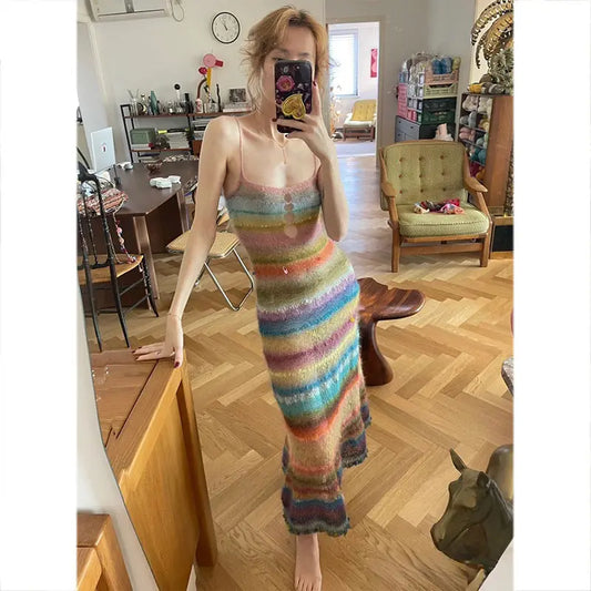 knitwear custom knit women summer dress fashion 2024 striped fuzzy casual sleeveless sexy mohair long sweater dresses bodycon