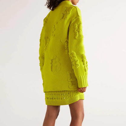 Custom women embossed sweater rib knitted luxury v neck long sleeve cardigan oversized green cardigan women custom knit sweater