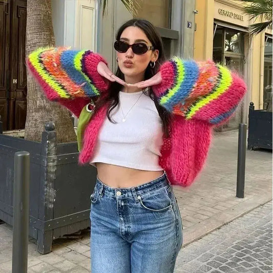 Custom chunky knit oversized Cardigan sweater women lady loose knitwear cropped long lantern sleeve cardigan for women