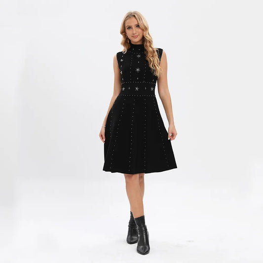 Knitwear manufacturers Custom designer sleeveless knit Beading Bandage halter Mini Black Evening Party knit dress women sweater